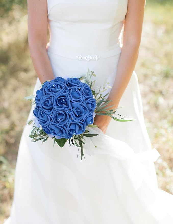 50PCS Foam Roses with Pearls 2.56in Royal Blue Roses Artificial Flowers Bulk Foam Flowers with Stem for Wedding, Bridal Shower, Cake, Graduation and Home Decor(Royal Blue)