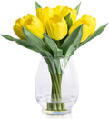 WELL KNOWN 12 Pcs Fake Big Tulips Artificial Flowers in Vase with Faux Water, Real Touch Foam Yellow Flower Arrangement with Glass Vase for Home Wedding Party Decor Dining Table Centerpiece & Gift