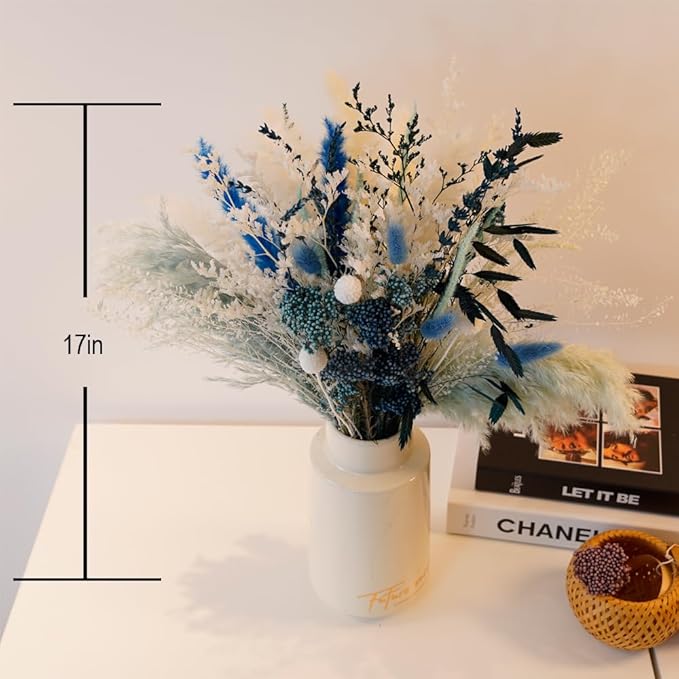 Natural Dried Pampas Grass Bouquet, 17" Blue Pampas Grass, Lavender Decor, Bohemian Style Family Wedding Country Farmhouse Decorated with Dried Flowers