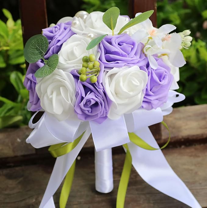 Lightweight Bridal Wedding Bouquet Round Holding Bouquet Throw Toss Artificial Rose Flower Bunch for Bride Bridesmaid Wedding Quinceanera (White & Mid Purple, 6.7")