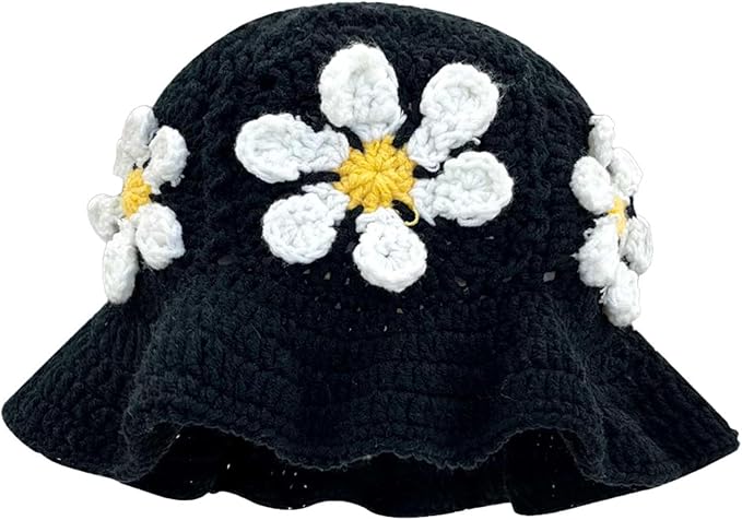 Crochet Bucket Hat for Women Flower Knit Hat Hollow Out Foldable Cap Hats