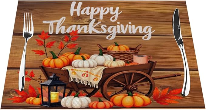 PVC Placemats Set of 1 Wipeable Table Mats Washable Heat Resistant Non Slip Vinyl Dining Table Mat for Kitchen Indoor Outdoor Patio Farmhouse Place Mats Thanksgiving Pumpkin Cart Decorative