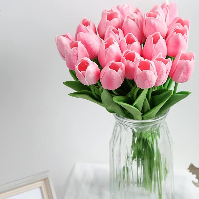 IPOPU Pink Tulips Artificial Flowers 24PCS Real Touch Tulips Flowers Fake Pink Tulips Faux Flowers for Home Decoration Wedding Bouquet Party Baby Shower Centerpieces Bridal Bouquet Decor