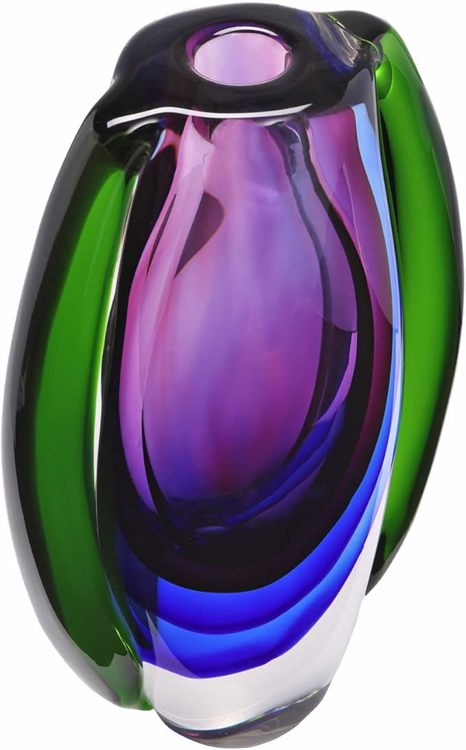 Luxury Lane Hand Blown Sommerso Oval Art Glass Vase for Decor Centerpiece Table Decoration Purple 10 inch Tall