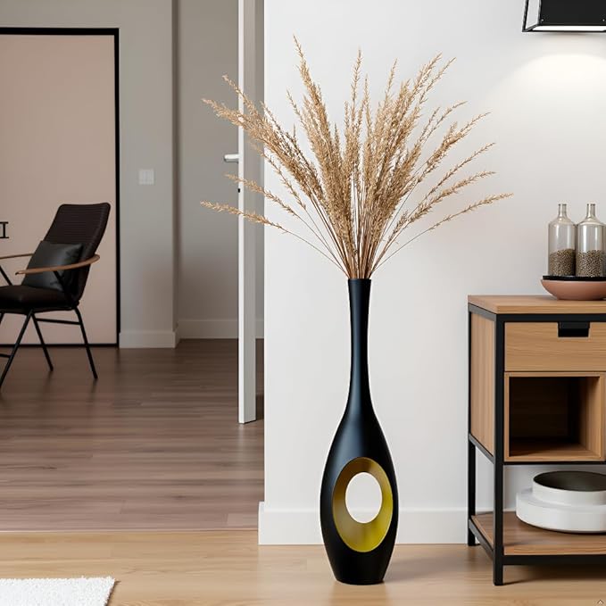 23.6 in Black Floor Vase – Modern Oval Tall Floor Vase with Gold Cutouts & Slim Neck, Decorative Vases for Luxury Home, Office, Wedding Decor – Resin Tall Vases