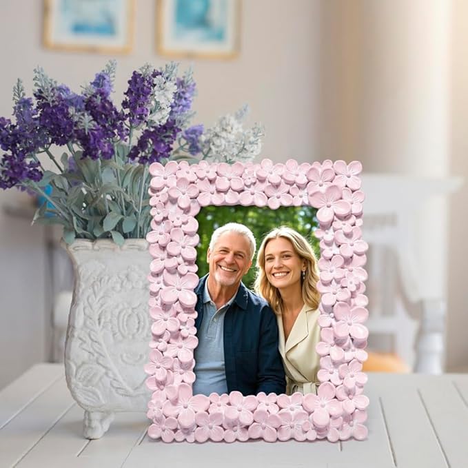 Hodao 4×6 Pink Floral Picture Frame — Handcrafted Textured Flower Picture Frame with Plastic Photo Cover & Built-In Easel for Tabletop Display, Decorative Home Décor, Nursery & Photo Keepsake