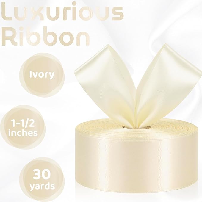 Ivory Ribbon 1-1/2 Inch 30 Yards Cream Satin Ribbon for Flower Bouquet, Fabric Ribbon for Gift Wrapping Crafts Hair Accessories Sewing Wedding Christmas