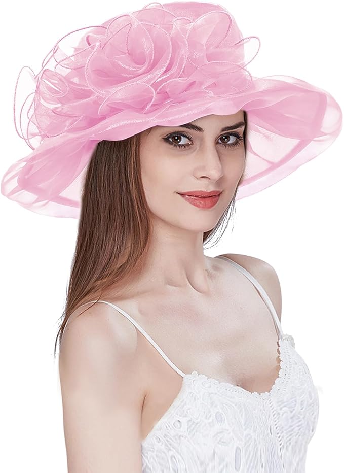 Organza Derby Hats for Women Wide Brim Fascinator Hat Rose Flower Wedding Tea Party Hat
