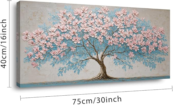 IDAFU Pink Tree of Life Canvas Wall Art Pink Flower Tree Wall Décor Abstract Pink Flowering Tree on Teal Blue Nature Landscape Painting Ready for Living Room, Bedroom, Office Home Décor 30L x 16W