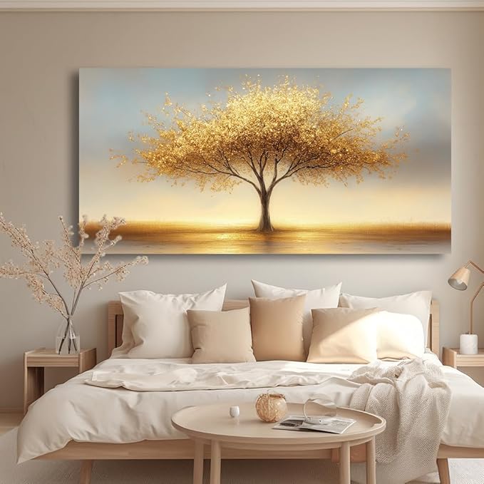LAVIKARS Modern Tree of Life Wall Art for Living Room Office Golden Sunset Abstract Landscape Canvas Painting Prints Large Nature Artwork Home Kitchen Bedroom Decor (28x58 Inches)