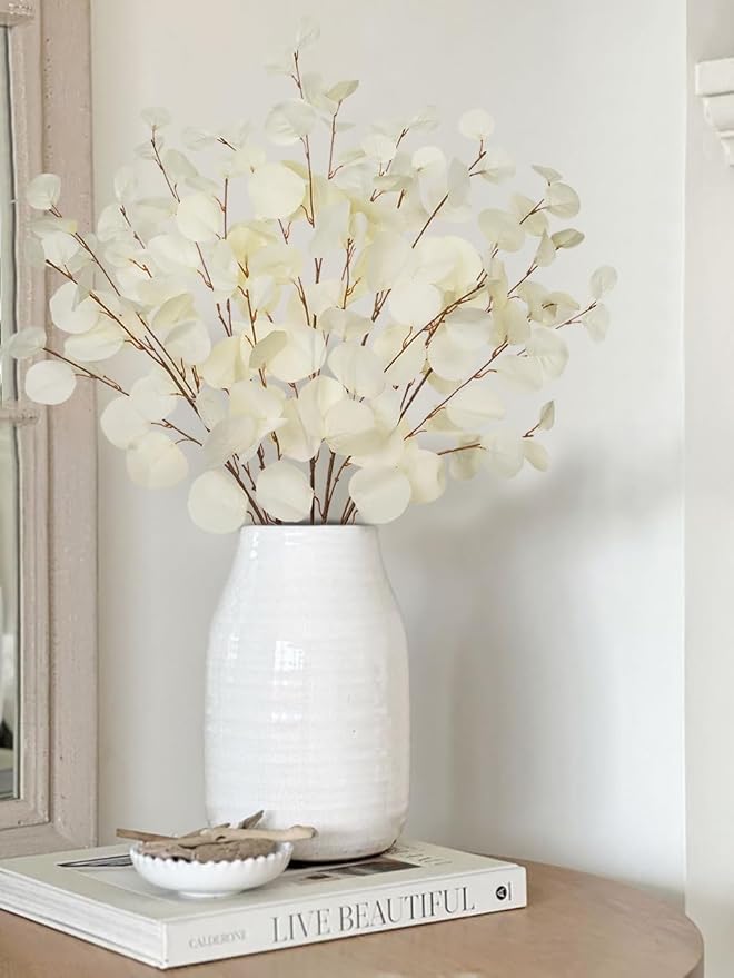 Cream White Eucalyptus Stems Fake Eucalyptu Leaves 34” Long Silver Dollar Leaves 5 Pcs Silk Eucalyptu Stems for DIY Bouquet Arrangements Centerpieces Shower Decorations-Artificial Eucalyptus Spray