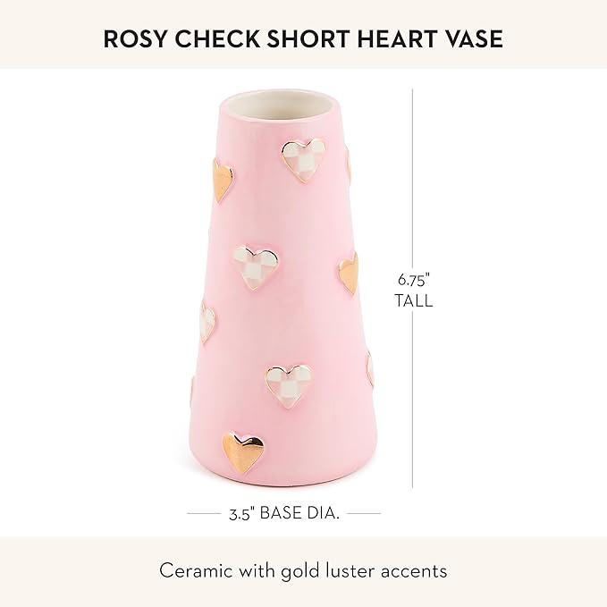 MACKENZIE-CHILDS Ceramic Heart Vase, Unique Flower-Vase Decor, Short, Pink-and-White Rosy Check