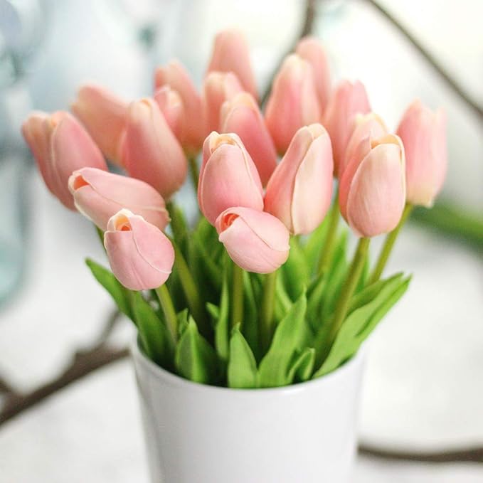 30pcs Artificial Tulips Flowers Real Touch Pink Tulips Fake Holland PU Tulip Bouquet Latex Flowers for Wedding Party Office Home Kitchen Decoration (Pink)