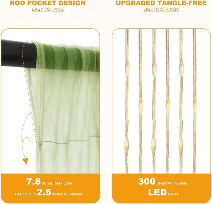 Tulle Curtain Backdrop with 300 LED Fairy Lights for Parites Wrinkle-Free Sheer Curtain Drapes Photo Back Drop for Wedding Baby Shower Bridal Shower Birthday Home Décor - 10ft×10ft, Sage Green