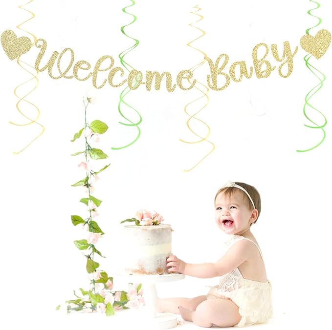 Sage-Green Champagne-Beige Baby Shower Party-Decorations - 21pcs Girls Boy Welcome Baby Banner,Paper Lanterns Pom Poms,Safari Woodland Boho Neutral Streamers Garland Decor Favors Huglony
