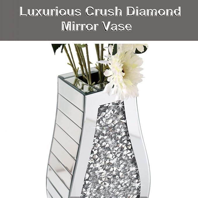 Flower Vase Crushed Diamond Mirrored Vase Crystal Silver Glass Decorative Mirror Vase Large Size Luxury for Home Decor. Arc-Shaped Thickened. Can’t Hold Water.
