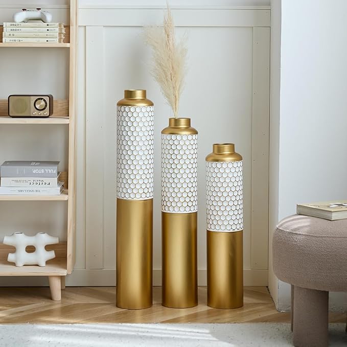 Floor Oversized Gold Metal Decorative Vase with 3D Triangle Pattern Set of 3 Large Vases for Home Living Room 33.5 ", 29.5 ", 25.2" High (Gold+White)