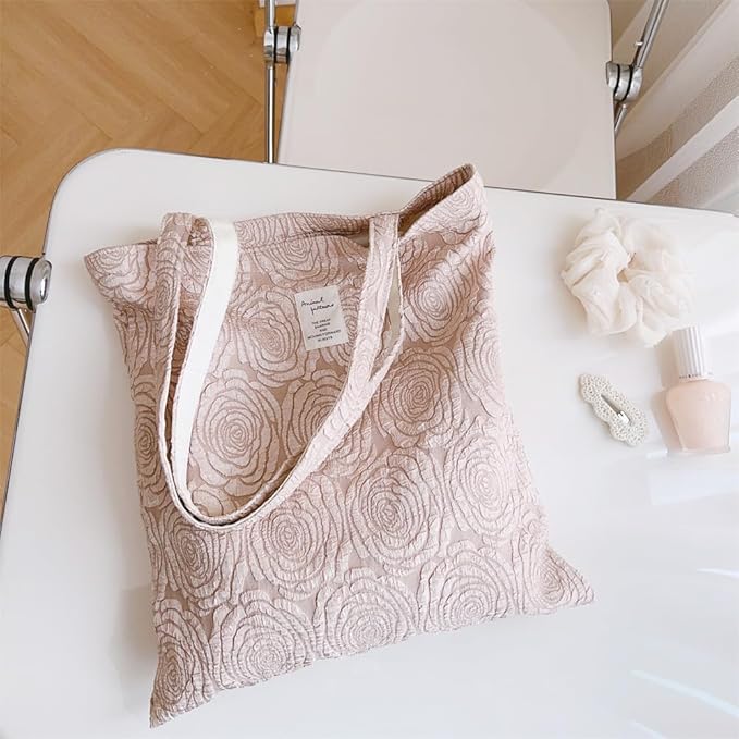Cotton Canvas Tote Bag Reusable Soft Grocery Cloth Bag Floral Shoulder Bag for Beach Travel Shopping