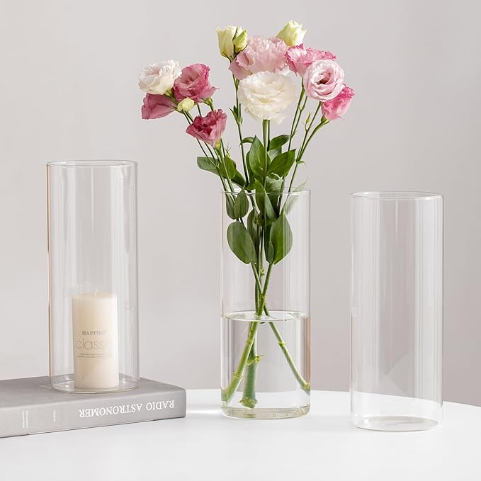 Devilfire 8 Inches Tall (20 cm) Clear Glass Cylinder vases,Pack of 12 Centerpiece Flower Vase,Floating Candle Holder for Home & Garden Decor, Wedding, Party.