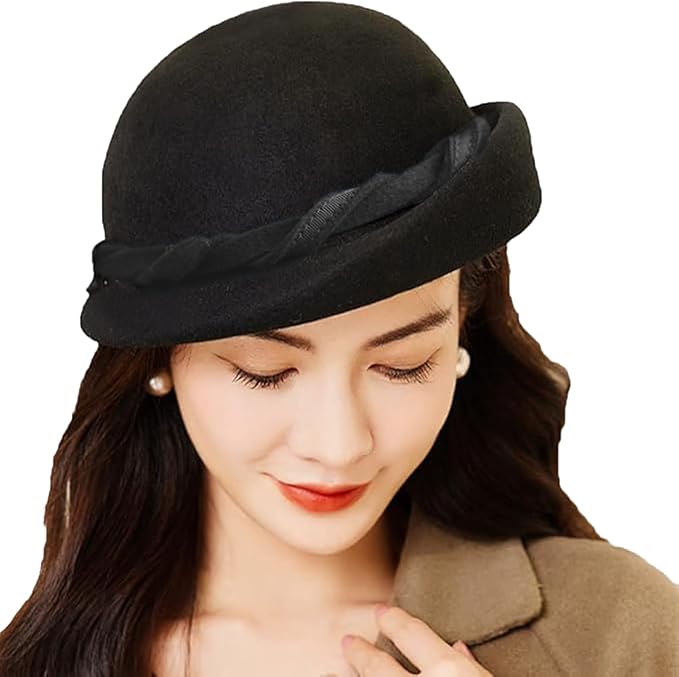 ORIDOOR Women Vintage 100% Wool Felt Flowers Bucket Cloche Bowler Hat Church Wedding Beret Hat