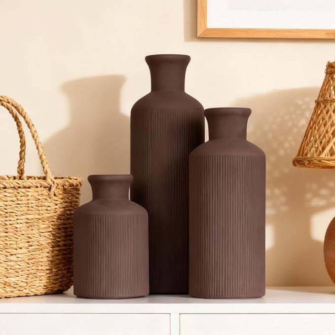 Brown Ceramic Vase Set of 3 – Small Flower Vases, Modern Farmhouse Boho Flower Vases for Home Decor, Rustic Pottery Vases for Centerpieces, Living Room, Shelf, Fireplace, Entryway Decor, Table