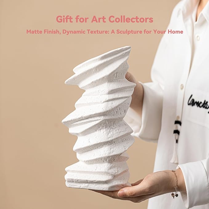 White Ceramic Vase with Spiral Wave Texture - 10" Unique Flower Vase for Pampas Grass & Centerpieces, Decorative Boho/Farmhouse Vase for Living Room, Office Desk & Housewarming Gift (for Her/Yourself)