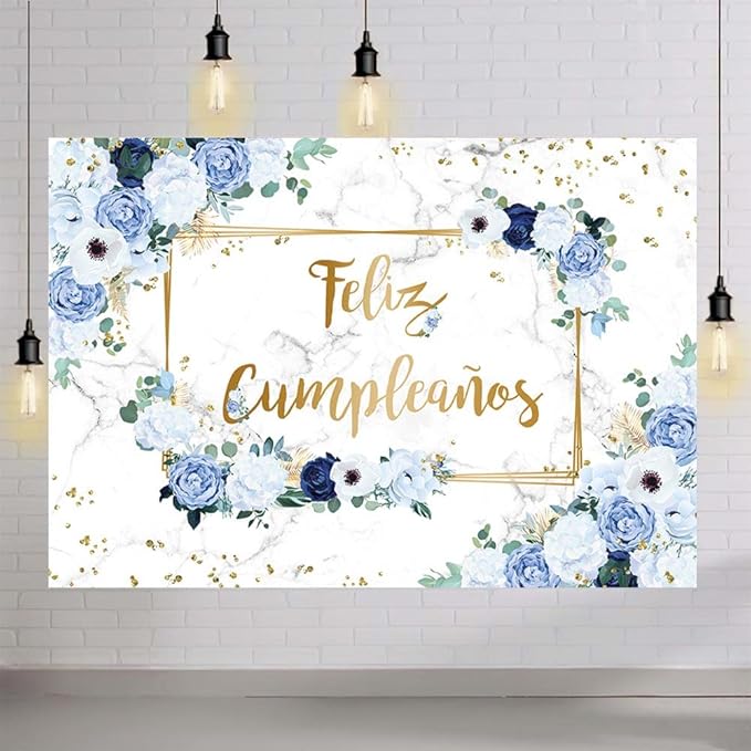 MEHOFOND 10x7ft Feliz cumpleaños Backdrop Blue and White Flowers Birthday Photography Background Girls Geometric Gold Glitter Dots Birthday Floral Party Decorations Cake Smash Decor Studio Photo Props