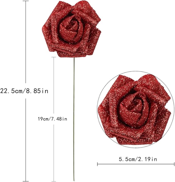 IPOPU Artificial Flowers,50pcs Red Sparkly Roses Glitter Flowers Bling Artificial Roses with Stem for DIY Wedding Bridal Bouquet Home Party Decoration(Red)