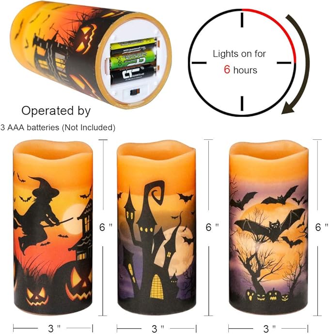 DRomance Flameless Candles Battery Operated with 6 Hour Timer, Halloween Decals Real Wax LED Flickering Pillar Candles Set of 3 Indoor Halloween Window Table Decor(3 x 6 Inches)