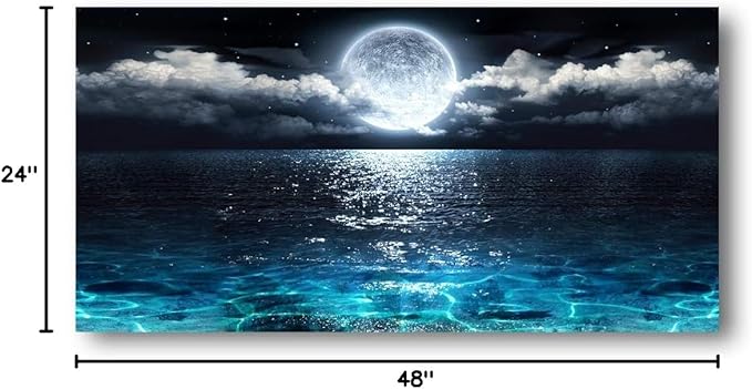 Wall Art Moon Sea Ocean Landscape Picture Canvas Wall Art Print Paintings Modern Artwork for Living Room Wall Decor and Home Décor Framed Ready to Hang,24x48inches,1inch Thick Frame,Waterproof Artwork