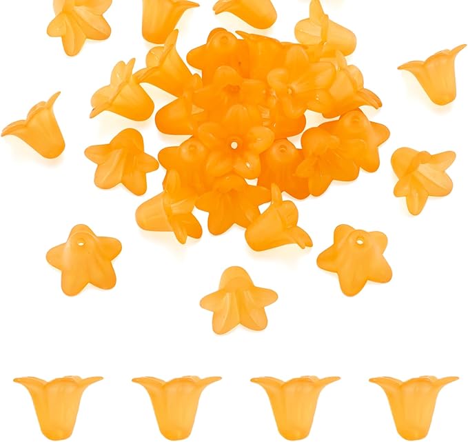 Crafans 50Pcs Frosted Acrylic Flower Beads 17.5x12x1.5mm Transparent Floral Pendants Clear Flower Bead Caps Loose End Spacer Beads for Jewelry Making (Orange)
