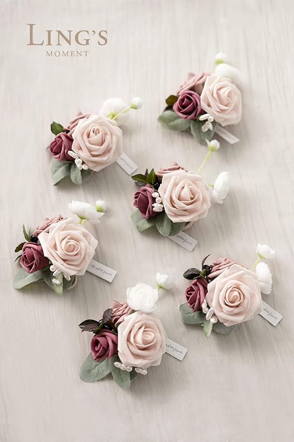 Ling's moment 6pcs Wedding Wrist Corsage Artificial Flowers, Girl/Mother Homecoming Prom Corsages Wristlet Décor, etc. Mauve Dusty Rose