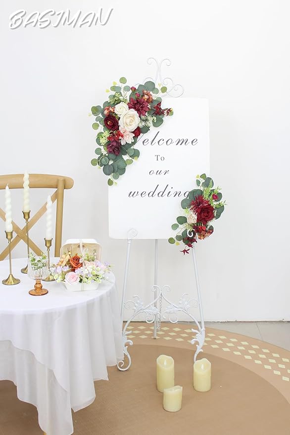 2pcs Wedding Arch Flowers,Wedding Artificial Sign Flower,Welcome Easel Door Decor Wall swags for Reception Backdrop Table Decorations Welcome Sign (Wine Red)