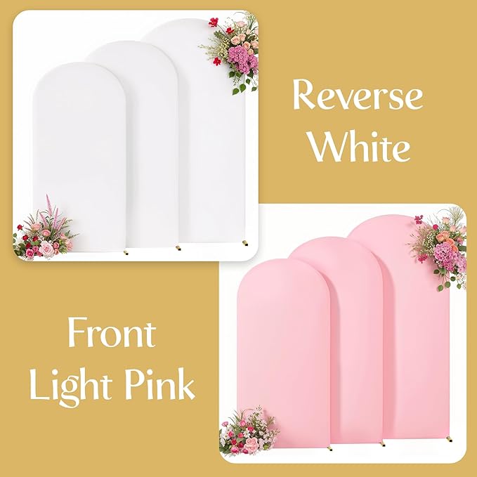 White and Pink Arch Backdrop Cover 7.2FT 6.6FT 6FT Arch Covers Stretchy Backdrop Set of 3, Wedding Arch Cover Spandex Fitted Double-Color Fabric Arch Covers for Party Baby Shower Birthday Decoration