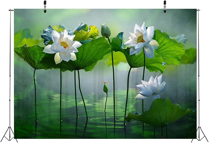 BELECO 5x3ft Fabric Lotus Flower Backdrop Lotus Garden Blooming White Lotus Flowers Pond Background Wall Decor Photo Booth Shoot Studio Props Wallpaper