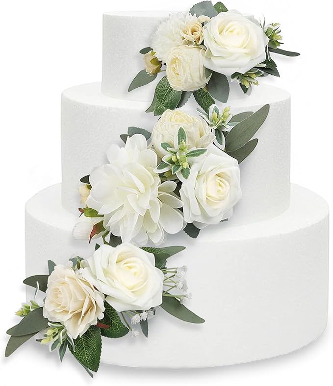 Rinlong 3Pcs Pre-made Cake Flowers Toppers White Green Cake Decorations Wedding Cake Decorating Flowers Decor Birthday Baptism Party Cake Topper
