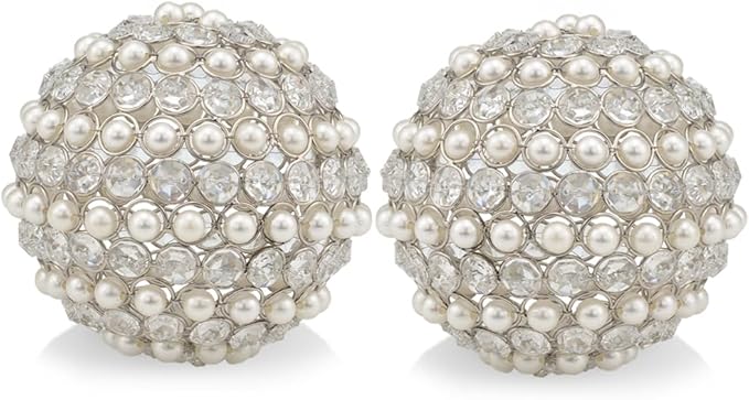 Modern Day Accents 3879 Facetas Perla 5" Silver Cristal & Pearl Spheres - Set of 2, Home Decor, Coffee Table Decor, Decorative Balls, Gem Sphere Ball, Modern Home Decor, Bowl fillers, Gemstone