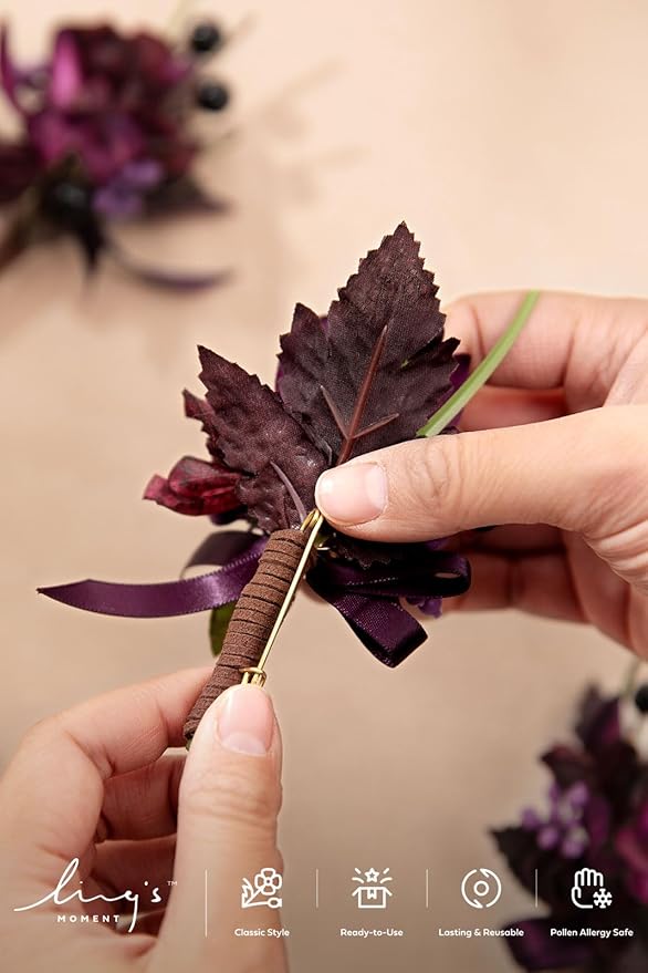 Ling's Moment Boutonniere for Men, 10pcs Groomsmen Guest Boutonniere, Artificial Flowers for Wedding Décor/Prom/Homecoming,etc.Deep Purple