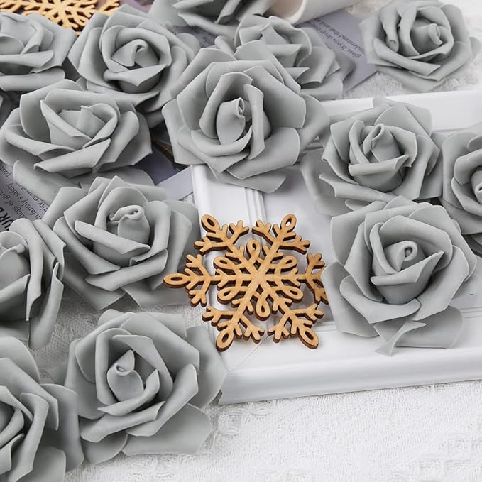 IPOPU Artificial Rose Flower Heads, 100 Pcs Real Looking Silver Gray Foam Fake Roses for DIY Wedding Baby Shower Centerpieces Arrangements Party Tables Home Decorations (Silver Gray, Stemless)