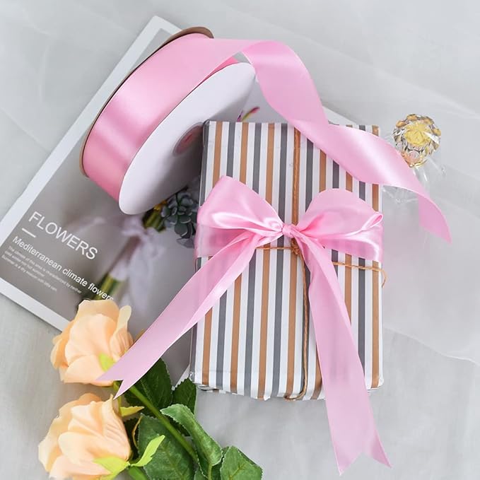 TONIFUL 1-1/2 Inch (40mm) x 100 Yards Baby Pink Wide Satin Ribbon Solid Fabric Ribbon for Gift Wrapping Chair Sash Valentine's Day Wedding Birthday Party Decoration Hair Floral Craft Sewing