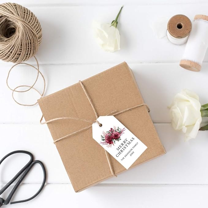 Andaz Press Personalized Christmas Holiday Season Classic Gift Tags, Merry Christmas Custom Family Name and Year, Burgundy Floral Roses Design, for Holiday Events, Parties, and Favors, 60-Pack