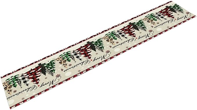 Christmas Tree Table Runner,Farmhouse Xmas Trees Buffalo Plaid Winter Snowflake Tablecloth Burlap for Hotel Indoors Outdoor Dining Room Kitchen Home Decor,W13X L80 in
