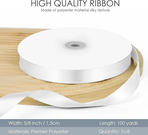 100 Yards 5/8 inch Satin Ribbon, Fabric Ribbon Solid Color Perfect for Gift Wrapping, Wedding, Handmade Bows, Floral Bouquets and Party Decoration(White)