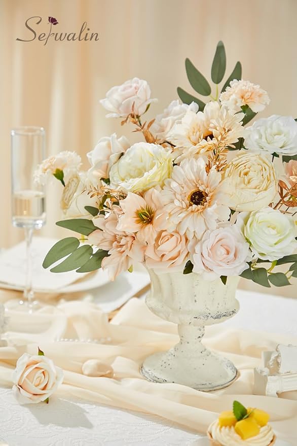 Serwalin Artificial Champagne Flowers, Silk Fake Flowers for DIY Wedding Bouquets Cake Flower, Table Centerpieces Baby Shower Birthday Party Home Decorations