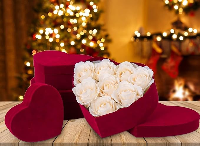 GnFlus Red Wine Gift Boxes with Lids for Presents 4 Pack Heart Shaped Velvet Nesting Burgundy Gifts Box for Arrangements Flowers Wedding Valentines Christmas Birthdays Bridesmaid Anniversary Party