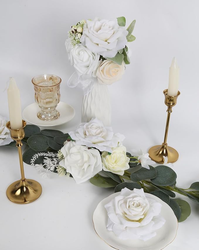 Silk Roses - 16pcs White Large Fake Roses - Wedding Bouquet, Home Decorations