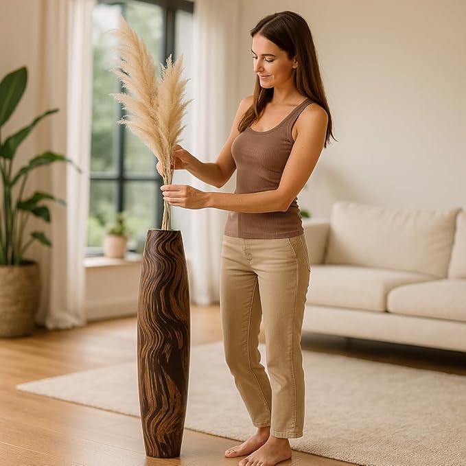 Leewadee Large Brown Home Decor Floor Vase - Wooden 34 inch Tall Farmhouse Decor Flower Holder for Fake Plant and Pampas Grass