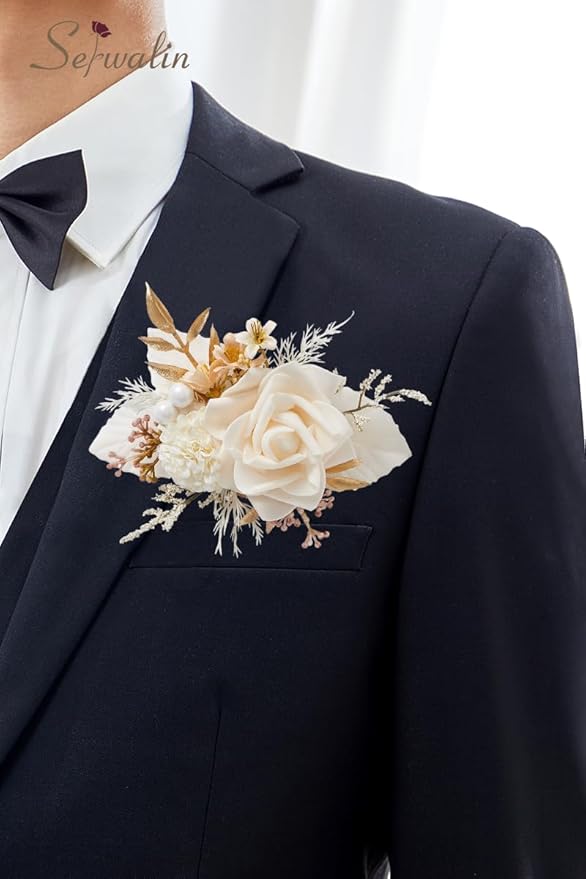 Serwalin 𝗦𝗲𝘁 𝗼𝗳 𝟮 Boutonniere for Men 𝟲-𝟳 𝗜𝗻𝗰𝗵 Corsage with Pins,Groom and Best Man Boutonnieres for Wedding Prom Ceremony Anniversary Party Cake Topper (Champagne)