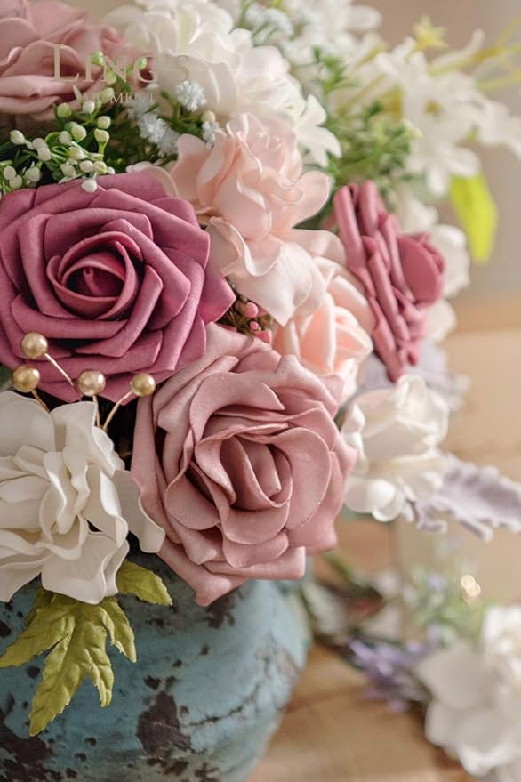 Ling's moment Artificial Flowers 50Pcs Mauve Roses Decor w/Stems,3" Real Touch DIY Foam Floral for Wedding Bouquet/Centerpieces, Outdoors Party Backdrop, Room/Table, and Garden/Pot Decorations
