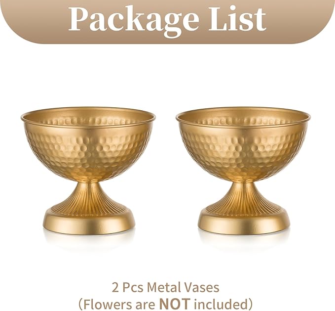 Sziqiqi Urn Vases for Wedding Centrepiece - 6in High Gold Metal Vase Set of 2 Small Vintage Flower Arrangement Pots for Table Centrepieces Elegant Hammered Vase for Christmas Anniversary Party